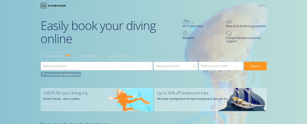 Divebooker.com homepage
