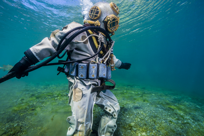 "I leapt out of the car and produced an image of my dive buddy, Ben Castro, descending down a slope while donning a Mark V diving helmet and suit." © Jennifer Idol